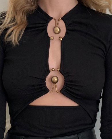 New  Women's Design Slim T-shirt  Hollow Long-sleeved One-piece Bodysuit