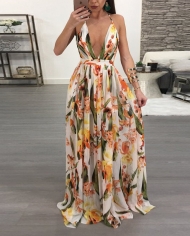 Summer New  Floral Dress Women  High Waist Deep V-neck Suspender   Long Skirt