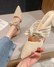 מגמת אביב/קיץ מוצרים חדשים מחודדים סנדלי פפיון עבים מפוספסים חצי גרר נעלי נשים עקב גבוה 6007-1
