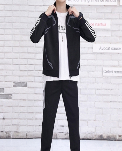 Spring And Autumn New Men's Stand-up Collar Printed Cardigan Sweater Trousers Plus Size Sports Suit Men