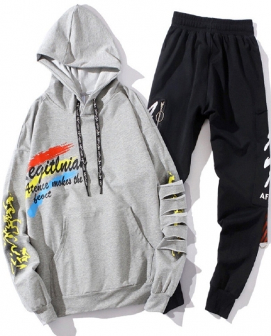 Spring And Autumn Men's Hooded Printed Pullover Sweater Casual All-match Trend Sports Suit Men