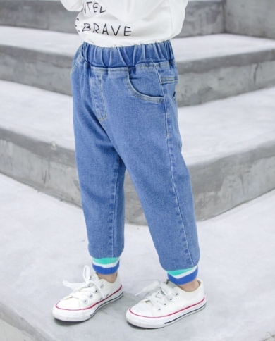 Новые детские джинсы, эластичные брюки из ниток, весна и осень, однотонные повседневные брюки