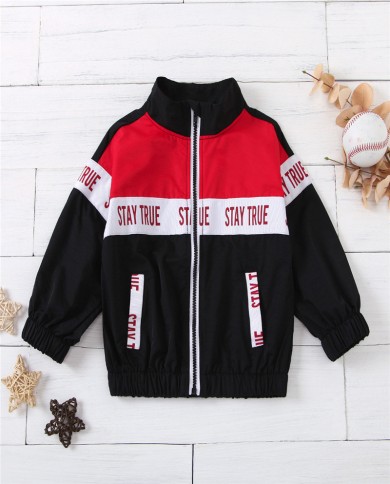 Children's Color-blocking Striped Zipper Letter Printed Sports Jacket