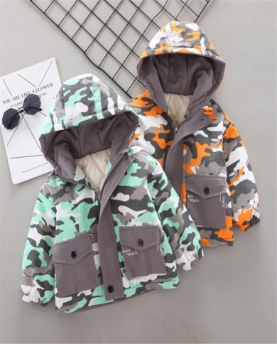 Winter New Casual Baby Boy Camouflage Stitching Plus Cotton Warm Cotton Jacket