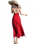 Summer Elegant Red Strap Dress Women Solid Color Backless Crossover Design  Beach Dress Holiday Vintage Robe Lady Vestid