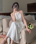 Elegant Lady White Strapless Dress Women Vestidos French Style Vintage Solid Halter Strap Dress Femme Robe  Dresses