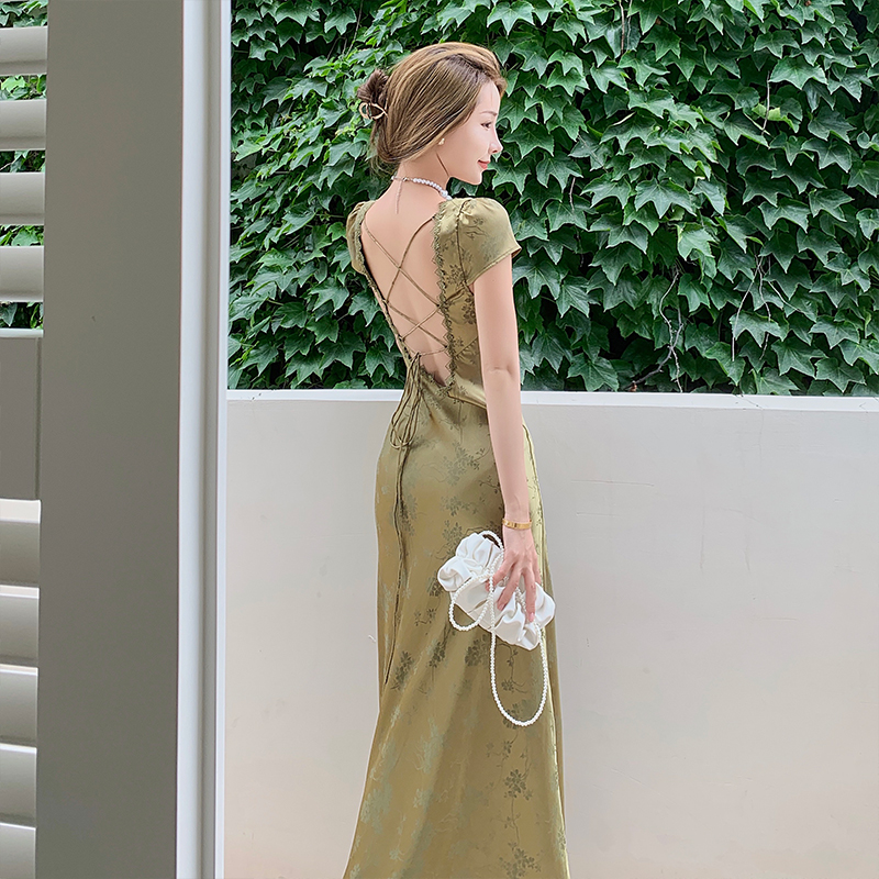 Elegant Women Green Satin Backless Mixi Dress Palace Short Sleeve Lace Vneck Bandage Vintage Bodycon Dress Robe Summer V