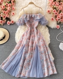 Summer Elegant Chiffon Floral Strap Dress Womens Mesh Stitching Strapless Mixi Dress Holiday Ladies Vestidos  Robe  Dre
