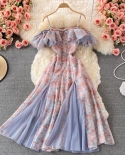 Summer Elegant Chiffon Floral Strap Dress Womens Mesh Stitching Strapless Mixi Dress Holiday Ladies Vestidos  Robe  Dre