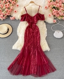 Elegant Womens Red Sequined Evening Dress Ruffled Strap Fishtail Party Dresses Package Hip Robe Female Clothing  Vestid