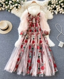 Ladies Elegant Embroidered Dresses Womens Mesh Puff Sleeve Stitching Strapless Robe Vintage Floral Mixi Dress Female Ve