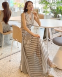 Summer Elegant Womens Striped Mixi Dress  Clothing V Neck Sleeveless A Line Long Dress Fashion Robe Female Vestidosdres