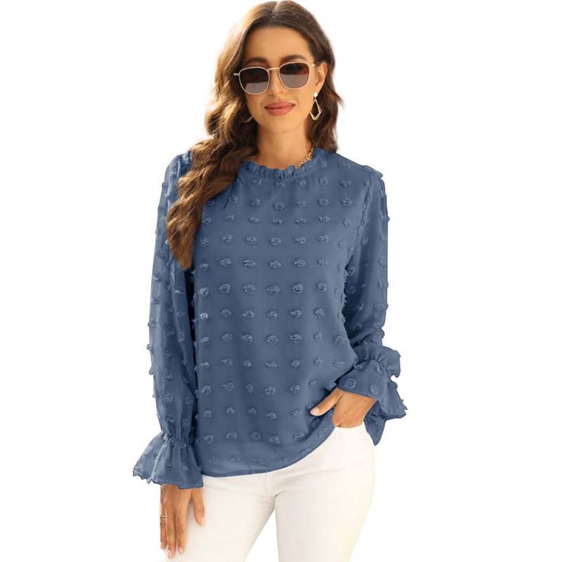 Women Solid Blouse Fashion Jacquard Stand Neck Long Sleeve Chic Office Work Tops Lady Plus Size Casual Elegant Chiffon S