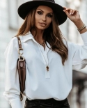 Office Blouse Womens  Fashion Turn Down Collar Lantern Long Sleeve Elegant Ladies Shirts Plus Size White Tops And Blouse