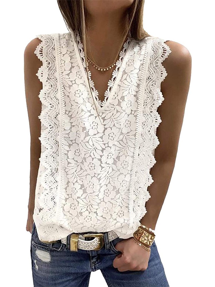 Summer Solid Sleeveless Blouses For Women 2022 Fashion V Neck Elegant Casual Blouse Female Office Work Shirts  Lace Tops