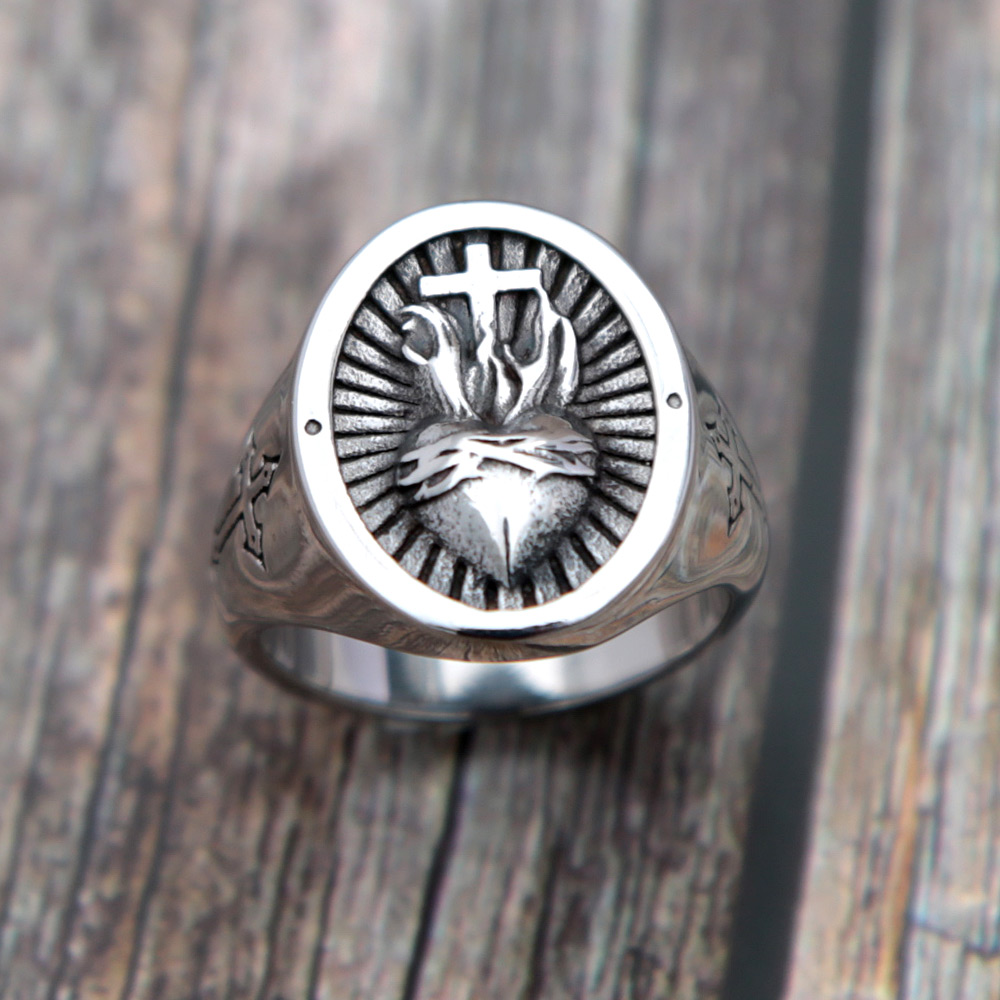 37 Vintage Sacred Heart Of Jesus Cross Ring Punk Biker Stainless