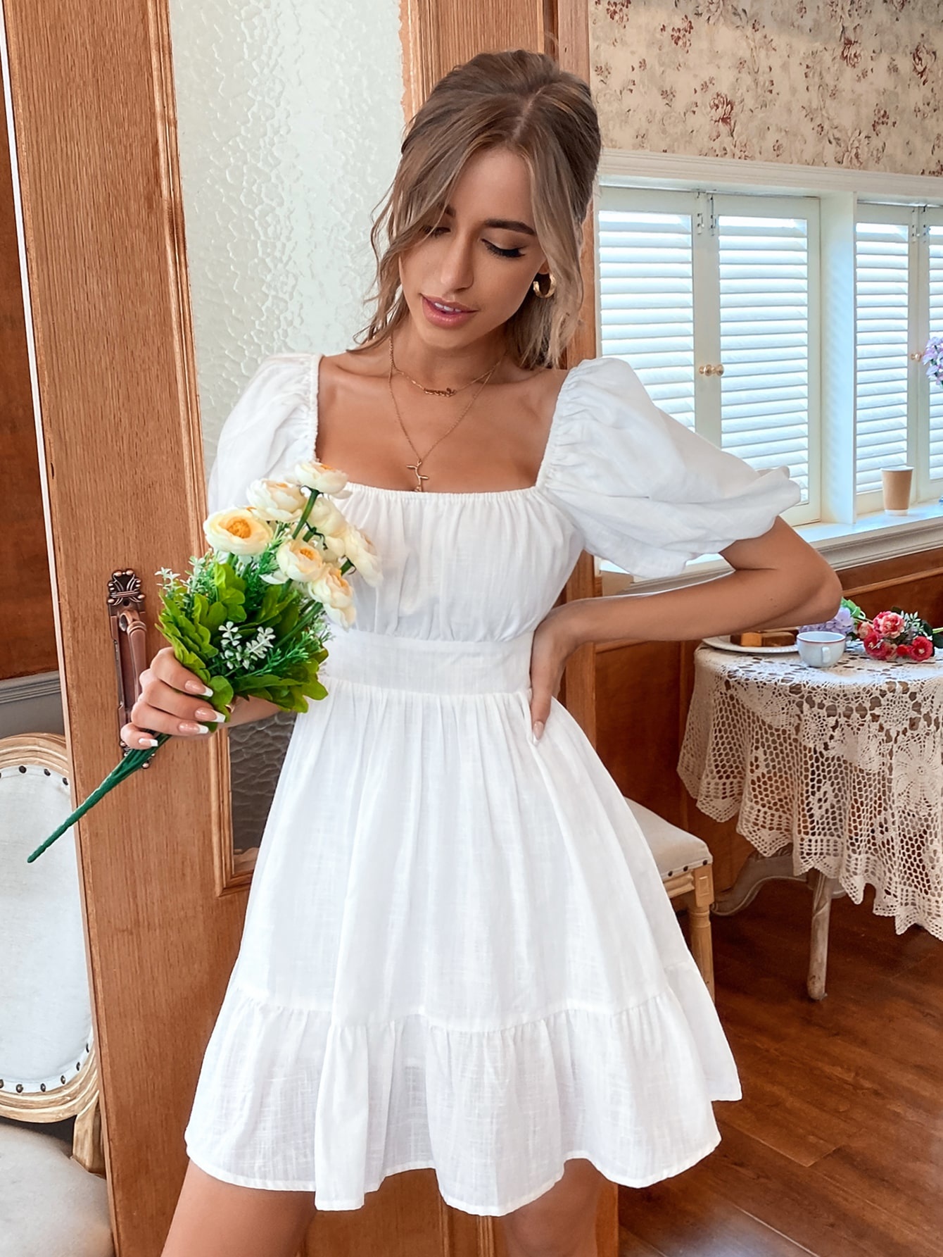 49 White Summer Dress Backless Lace Up Ruffles Ruched Solid Tie