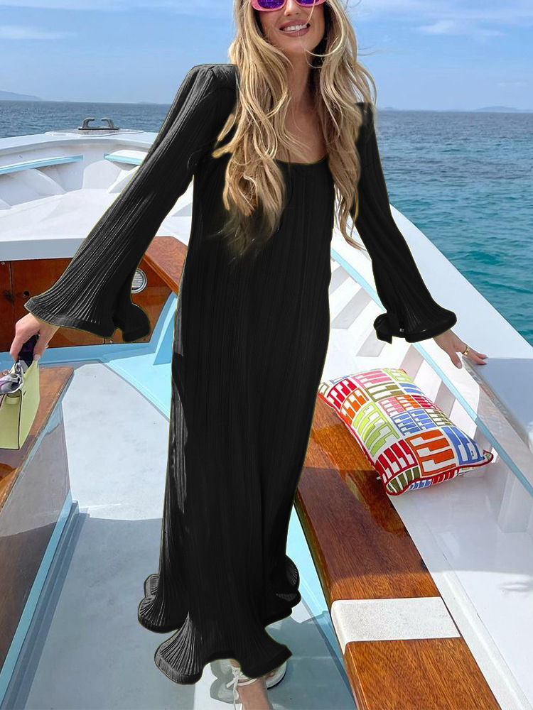 450-Party Dresses Loose Striped Fashion Women Long Dress Solid Square  Collar Elegant Beach Dress Bohe Long Sleeve Flare Casu-Description