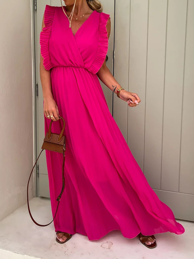 462-Maxi Dress Long Pleated V-neck Party Dress Butterfly Sleeve Ruffle  Fashion Women Beach Dress Chiffon Casual Spring Summ-Description