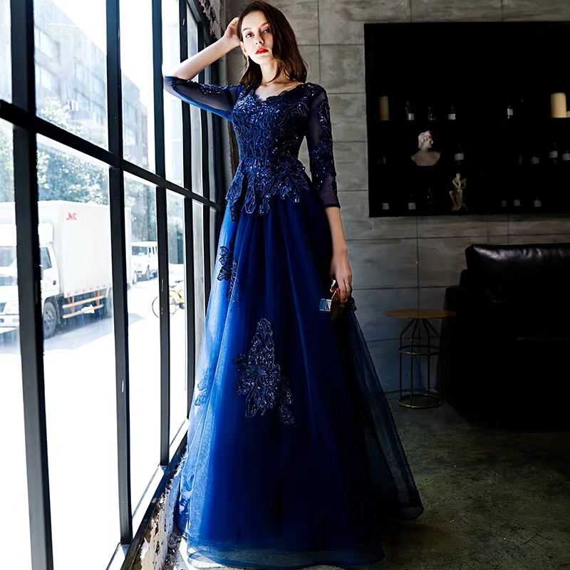 808-Royal Blue Evening Dresses V Neck Long Sleeves A Line Luxury Sequin  Lace Formal Elegant Wedding Prom Gowns Robes De Soir-Description