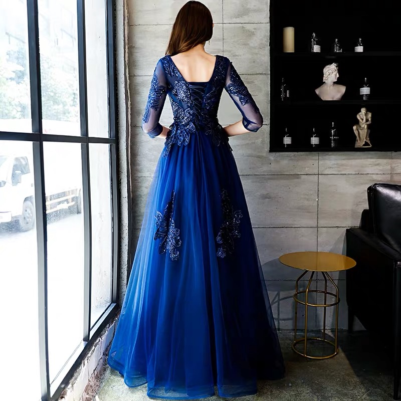 ₪808-Royal Blue Evening Dresses V Neck Long Sleeves A Line Luxury Sequin  Lace Formal Elegant Wedding Prom Gowns Robes De Soir-Description