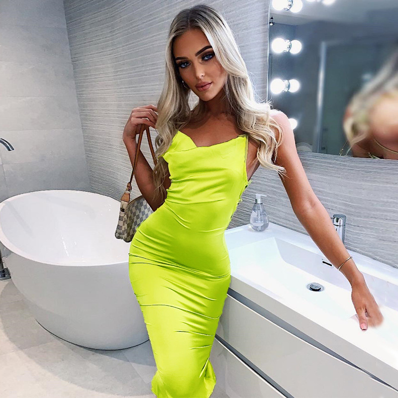 498-Satin Summer Women Bodycon Midi Dress Sleeveless Backless Elegant  Party Dresses Club Wear Ladies Spaghetti Strap Vestid-Description