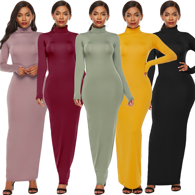 91 Plus Size Bodycon Maxi Dress Women Spring Autumn Casual Solid Turtleneck Long Sleeve Package Hip Stretchy Long Dress Fe Description