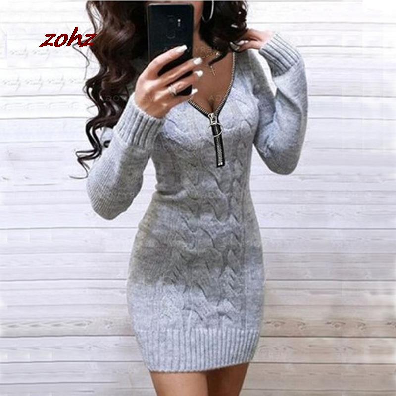 Zipper V Neck Sweater Bodycon Dresses 