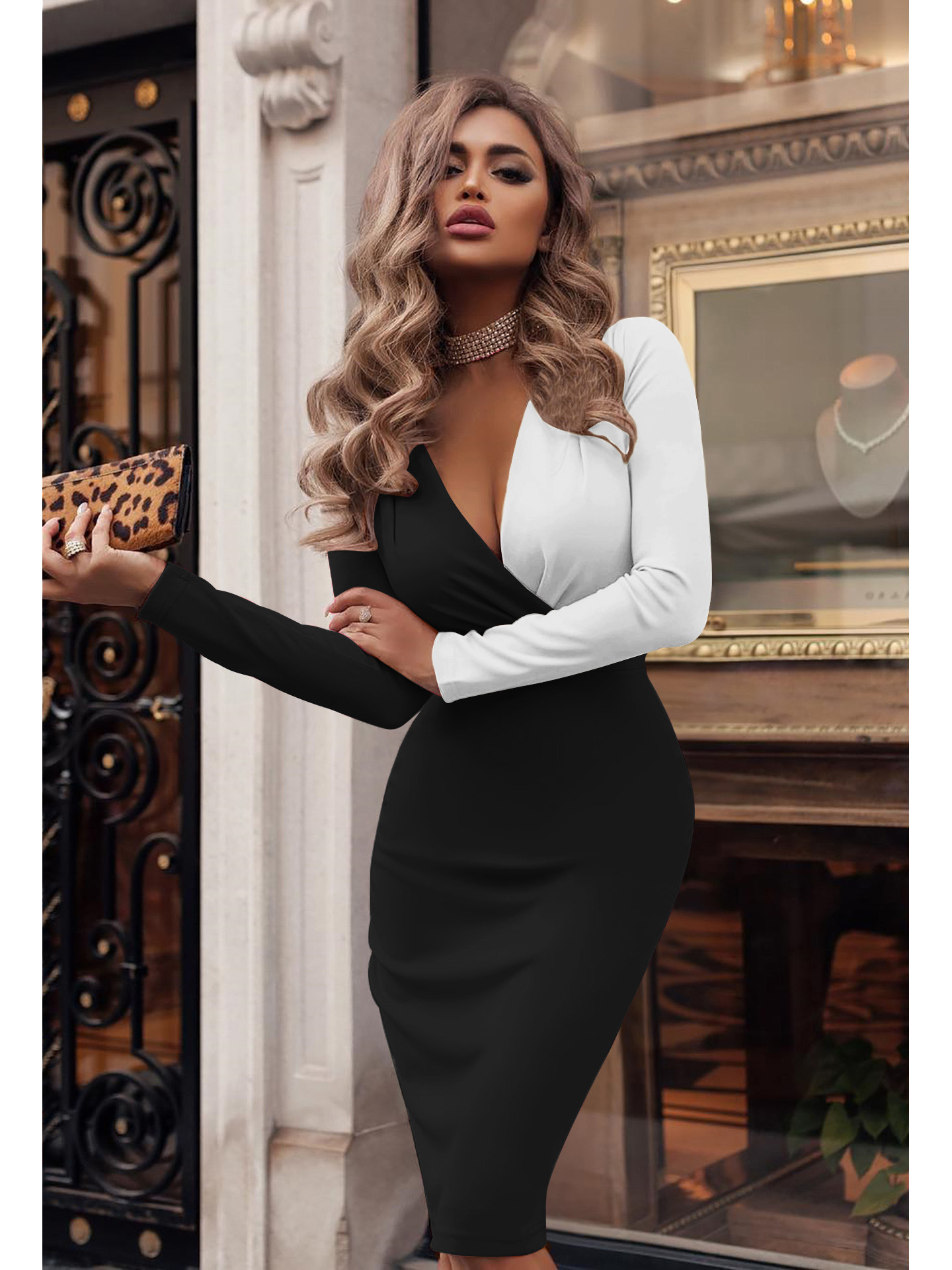 59 Deep V Neck Patchwork Long Sleeve Knee Length Bodycon Dress