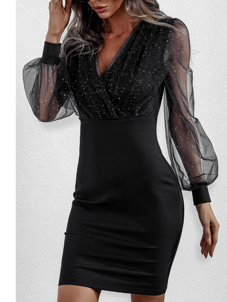 407- V Neck Sequin Dress Women See Through Mesh Lantern Long Sleeve Mini  Dress Summer Party Bodycon Dresses For Women R-Description