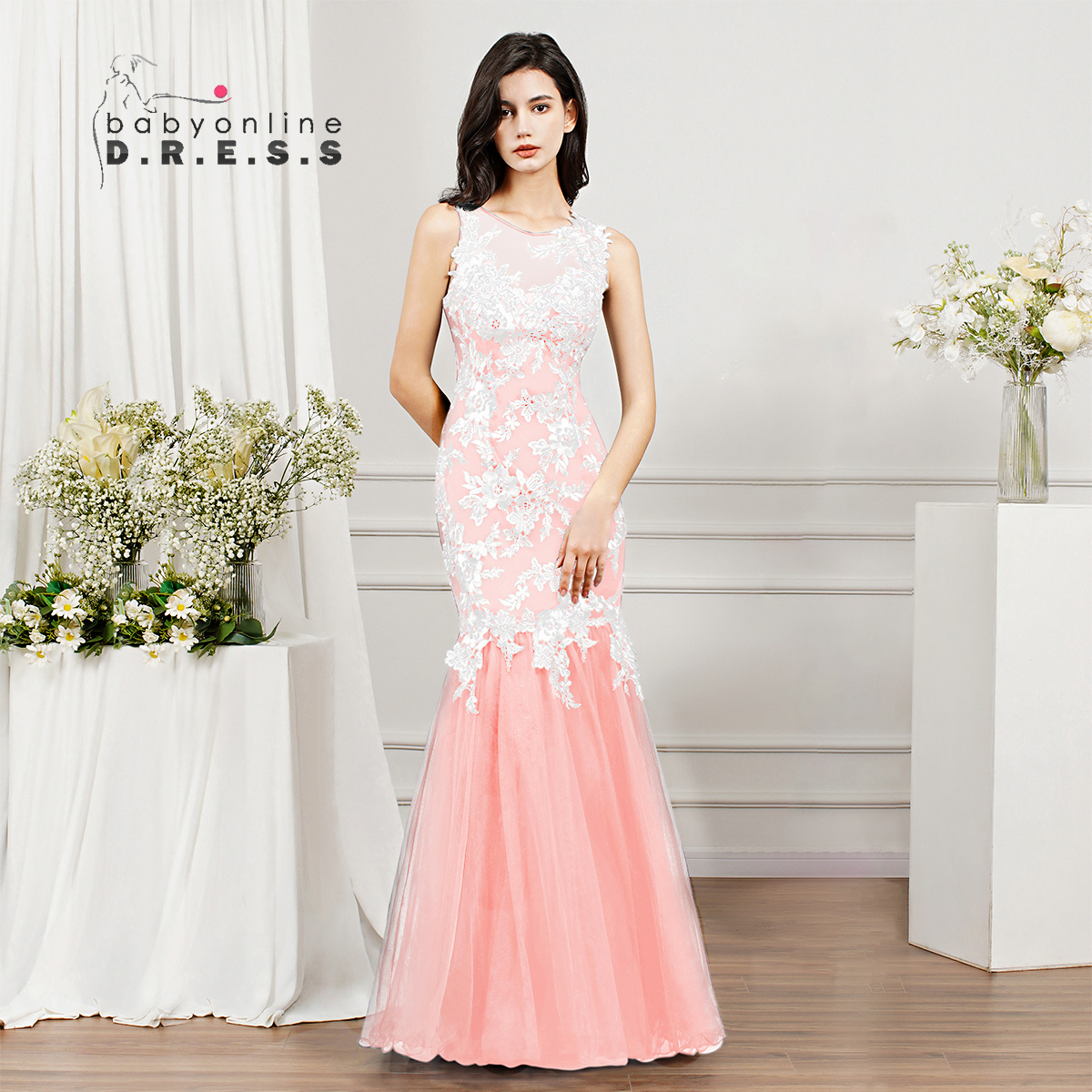 350 Babyonline Illusion Prom Dresses For Women Sleeveless Lace