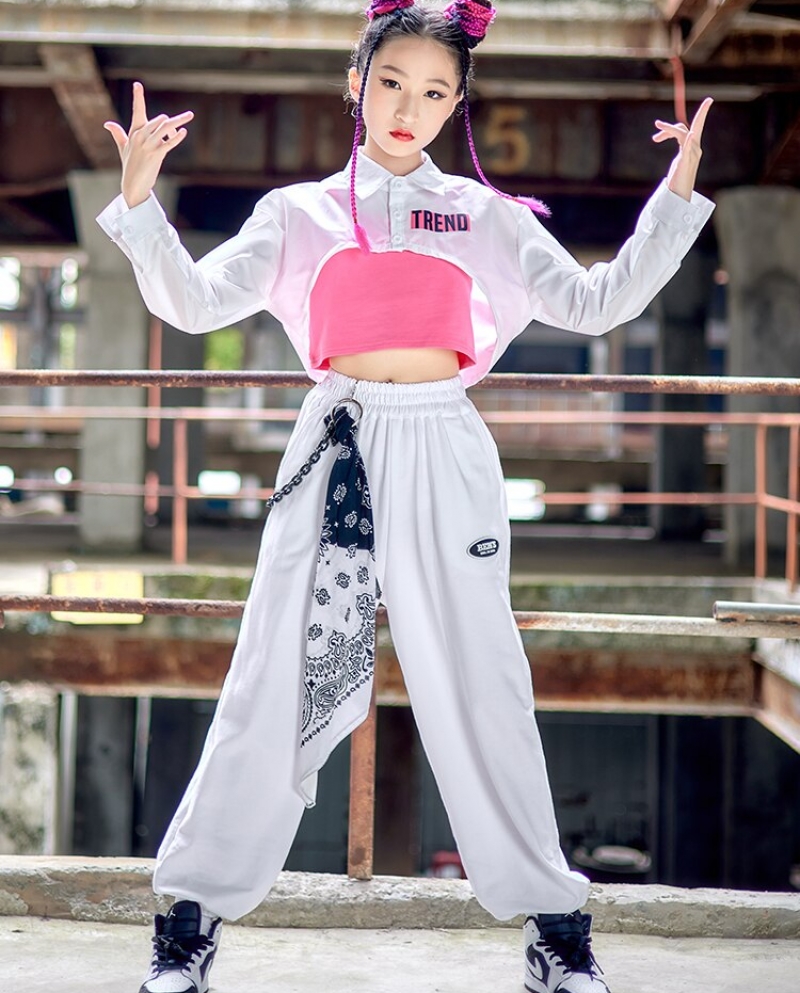 134 Hip Hop Girls Dance Costume Kids Kpop Outfit Street Dance Jazz Performance Wear Concert White Long Sleeves Sets Clothes Description