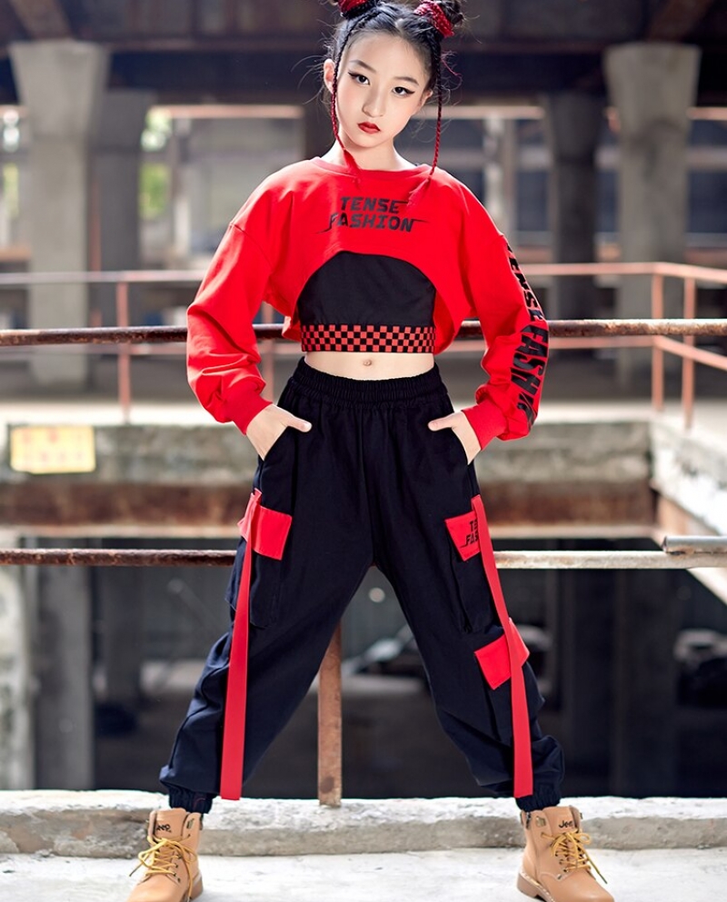 133 Girls Kpop Hip Hop Clothes Jazz Dance Costume Red Crop Tops Cargo Pants Teen Kids Fashion Streetwear Stage Outfit B Description
