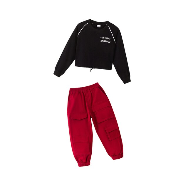 Kids Hip Hop Dance Clothes Black Sweatshirt Red Cargo Pants For