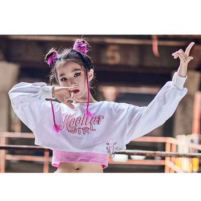 Modern Jazz Dance Clothes Girls White Long Sleeves Tops Loose Pink