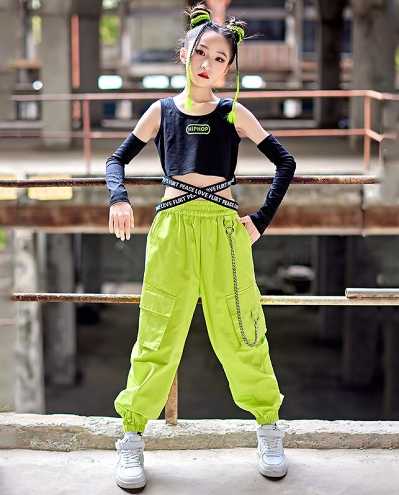 Hip Hop kledingset voor meisjes, 3-delig, street dance-pak voor kinderen, kort vest, fluorescerende groene jas en joggingbroek, Donkerblauw, 8-9 Jaren