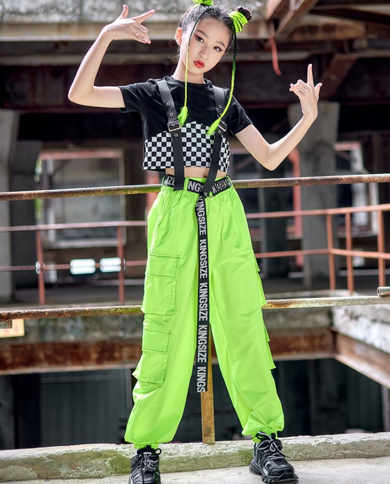 ₪83-Kids Jazz Dance Costume Hip Hop Outfits Girls Tops Green Pants Street  Dance Kpop Clothing Concert Performance Stage Wear-Description