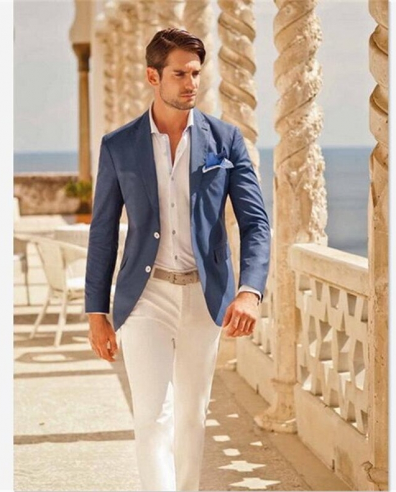 Sky blue blazer deals with white pants