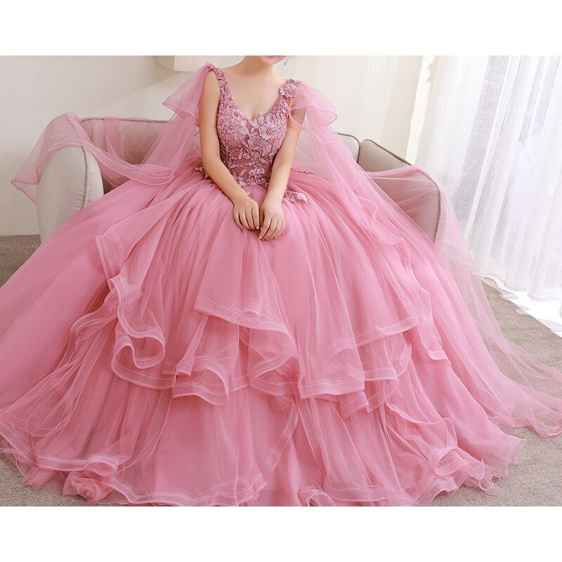 Strapless Pink Prom Ball Gown Layered Princess Quince Dress 67446 –  Viniodress