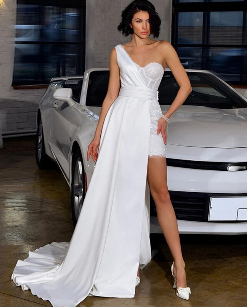 363 Sparkle Sequin One Shoulder Short Wedding Dress Sweetheart