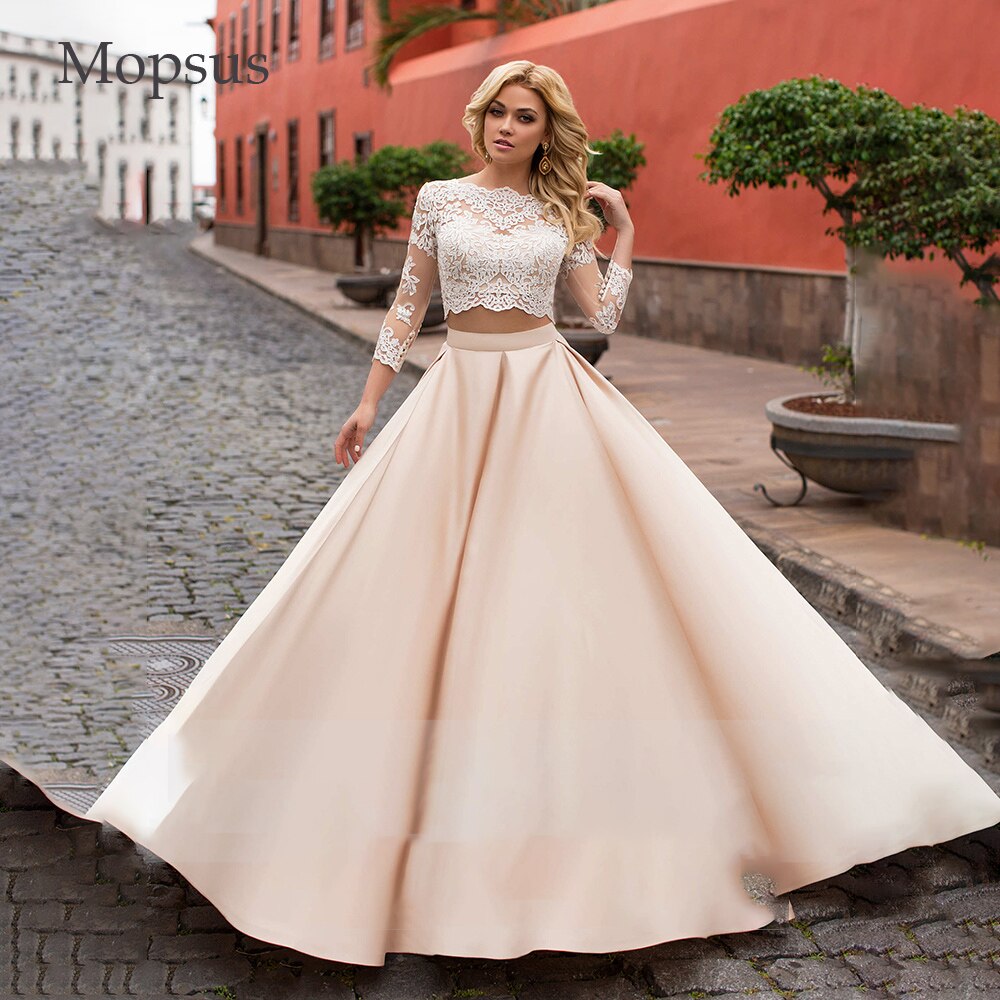 Modest two hot sale piece prom dresses