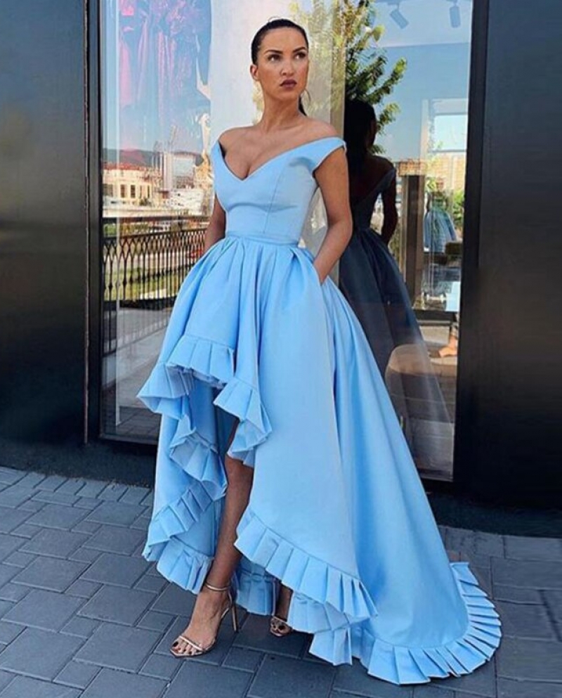 strapless open back dress Beautiful Off the Shoulder Short Sleeves Royal Blue Long Prom Dresses –  Siaoryne main image 1