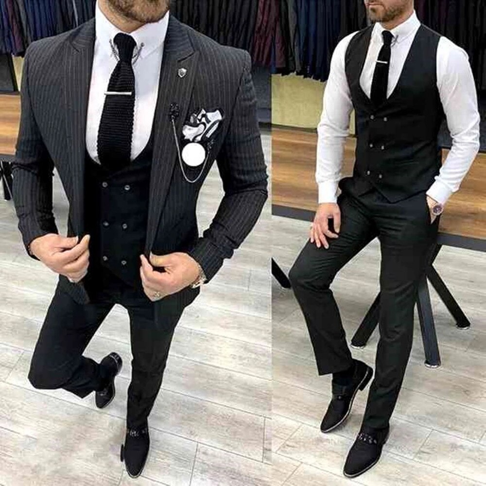 301 Grey Striped Business Blazer Men Wedding Suit Latest Coat Pant Designs Slim Fit 3 Piece Tuxedo Groom Prom Suits Ter Description