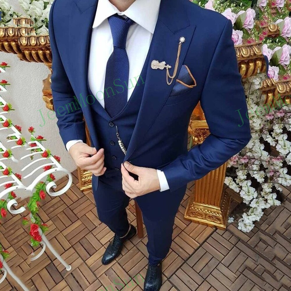 254 New Navy Men Suits 2023 Peak Lapel One Button Slim Fit Prom