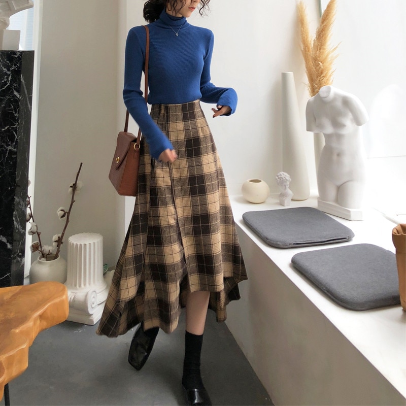 79 Irregular Wool Plaid Skirt Winter Women High Waist Woolen Long