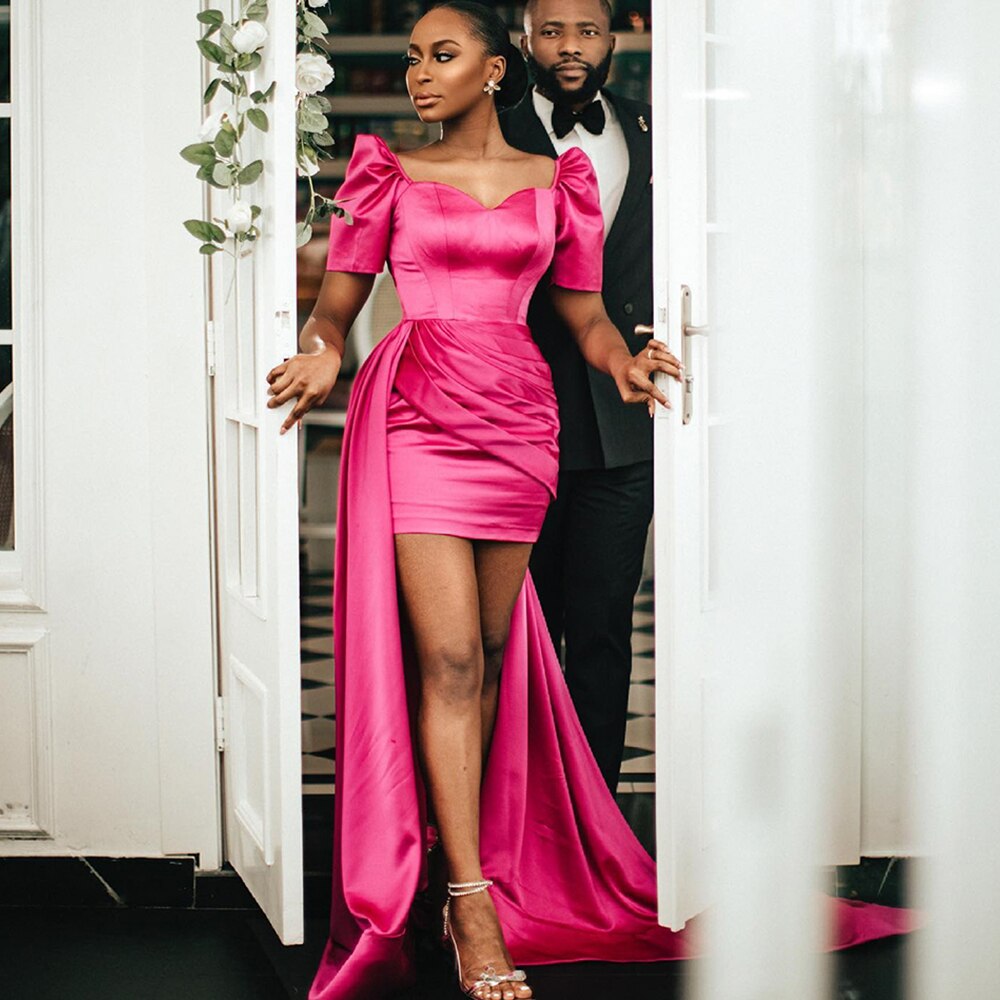 516 Pink V Neck Prom Dress Mermaid Evening Dress Short Sleeves