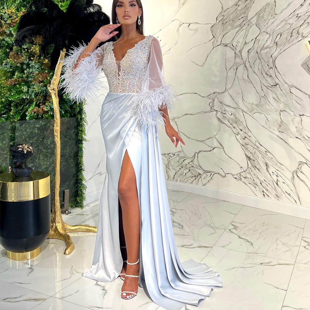 Gown Styles Formal White Cocktail Dress 419-Long Sleeves Evening Dress For  Women V Neck Sequined Appliques Front Split Party Gowns Fashion Feathers  Mermaid Pr-Description