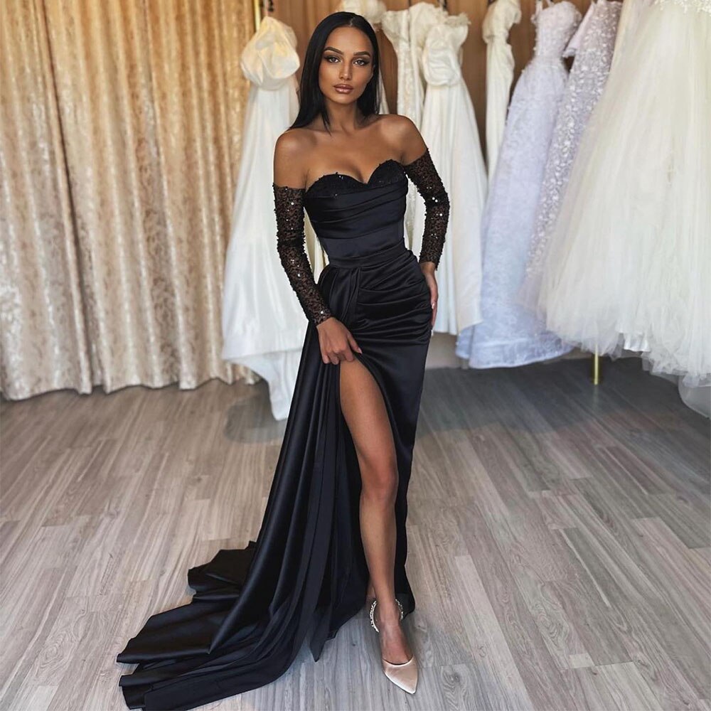 Elegant Strapless Black Lace Long Prom Dresses with Train, Black Lace –  Shiny Party