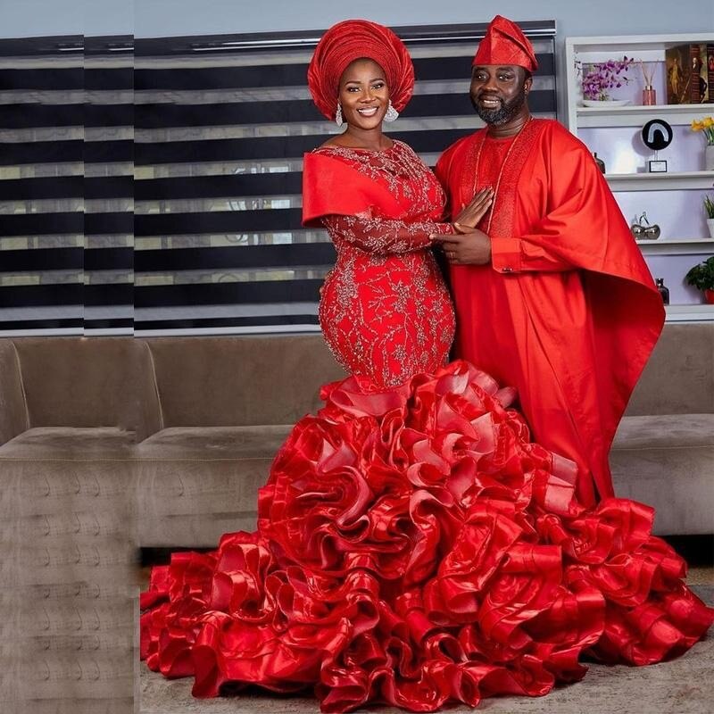 678 African Red Mermaid Evening Dresses Long Luxury Prom Gowns