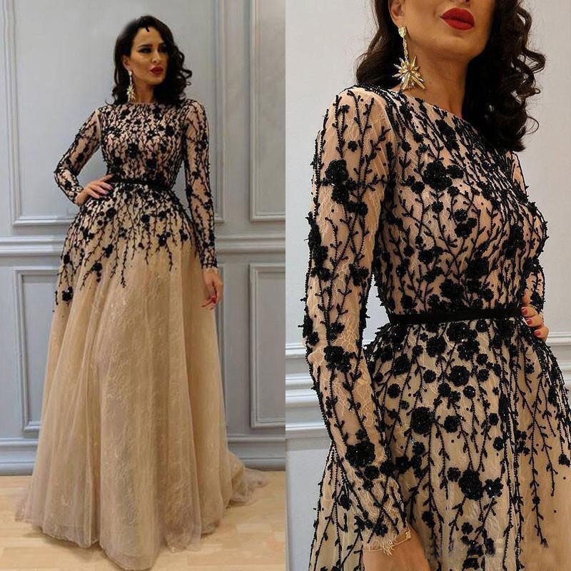 452-Long Sleeve Evening Dresses Plus Size Champagne Evening Gowns Black  Lace Crystals Beading Formal Dress Party Abendkleid-Description